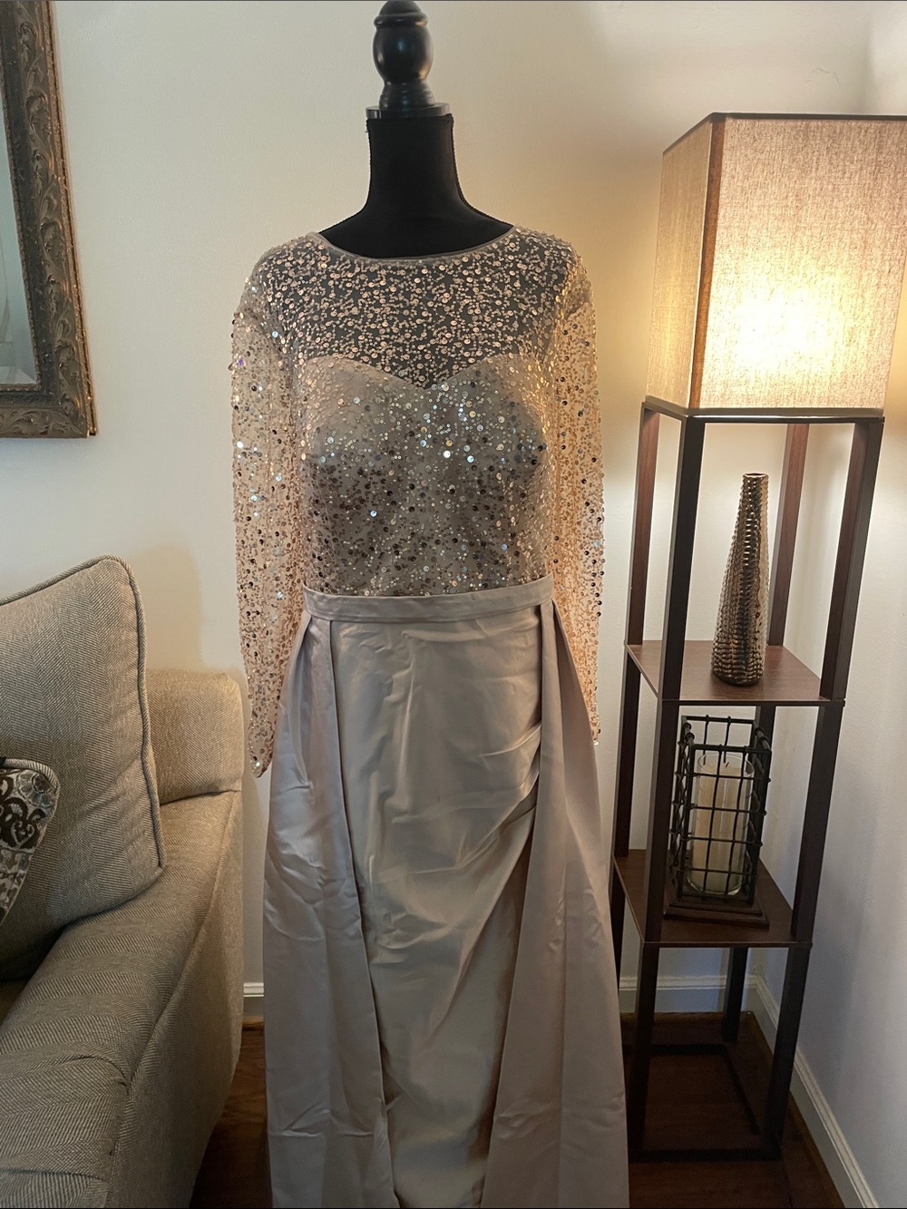 Long Sleeve Sequin Bodice Evening Gown - Taupe
